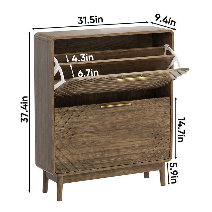 Freestanding Shoe Cabinet With 2 Flip Top Drawers For Entryway - Walnut