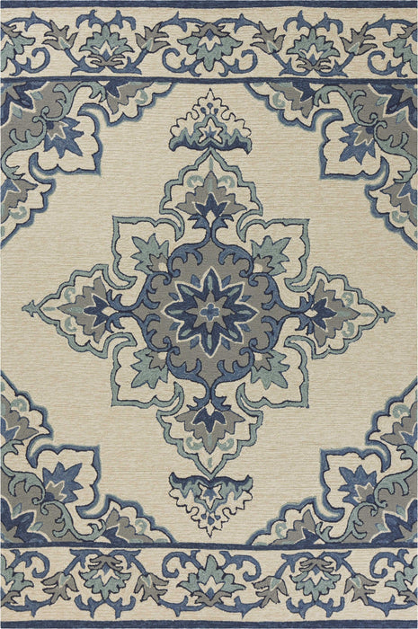 3' X 5' Damask Handmade Indoor / Outdoor Area Rug - Ivory / Blue