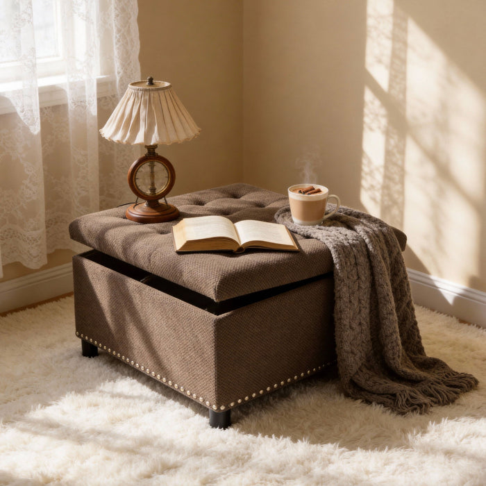 Square Tufted Storage Ottoman With Nailhead Trim Home Essentials