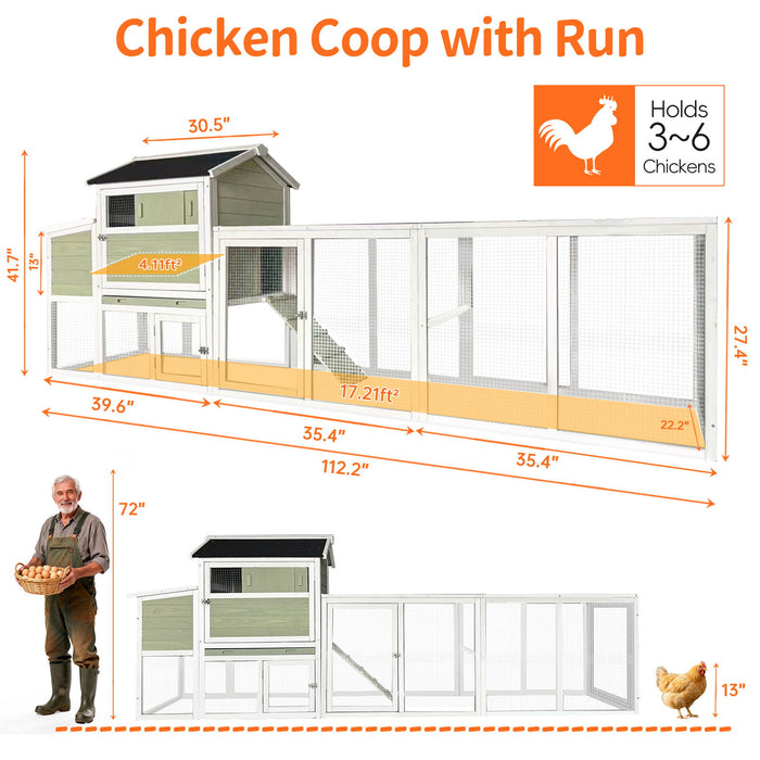 Chicken Coop, Large Outdoor Hen House With Run And Nesting Box Poultry Cage, Rabbit Hutch - Gray Green Daily Nest