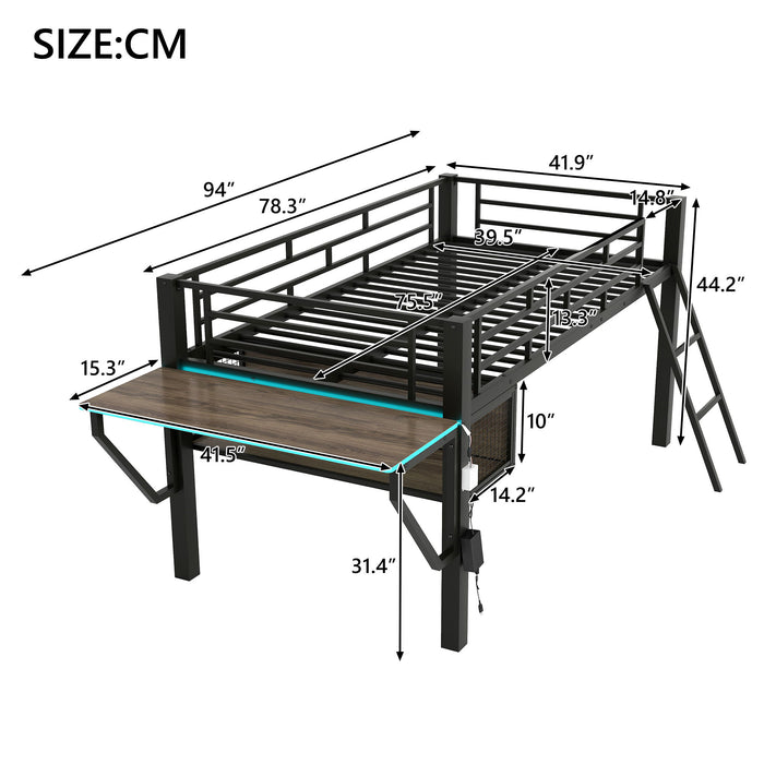 Gaming - Twin Loft Bed With Desk And LED - Black Dreamland