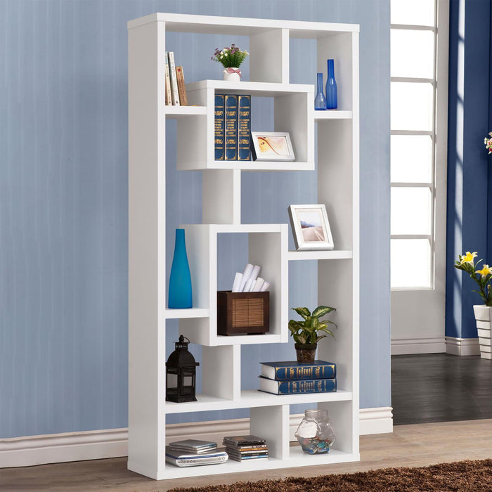 Geometric 10 Shelf Open Back Bookcase With Interlocking Shelves - White Furniture Max