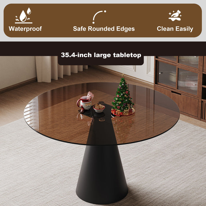 Round Dining Table & Tempered Glass Top - Black / Brown Home Essentials
