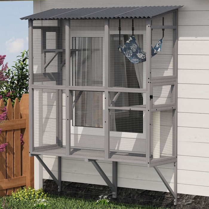 Large Walk In Outdoor Catio For Cats With Roof And 3 Access Doors - Gray