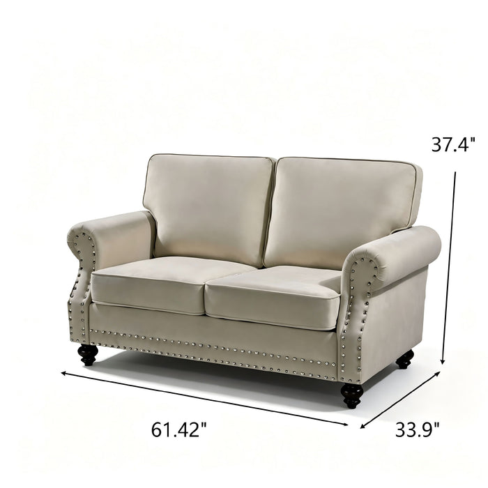 Loveseat Sofa With Nailhead Detail & Turned Legs, 2 Seater Upholstered Couch US Pride