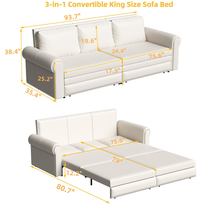 3 In 1 Convertible Sleeper Sofa With Nailhead Trim & Rolled Arm
