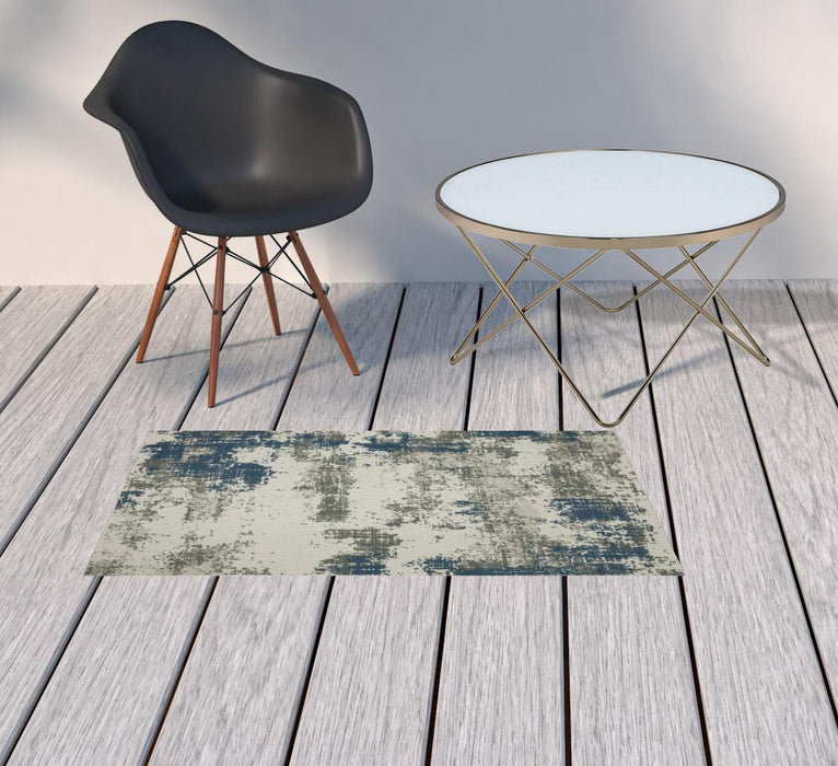 2' X 4' Abstract Stain Resistant Indoor / Outdoor Area Rug - Blue / Beige