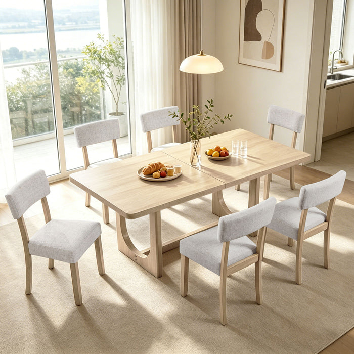 7 Piece Dining Table Set For 6, Rectangular Table & 6 Upholstered Chairs, Sturdy U - Shaped Base For Dining Room - Light Oak Home Essentials