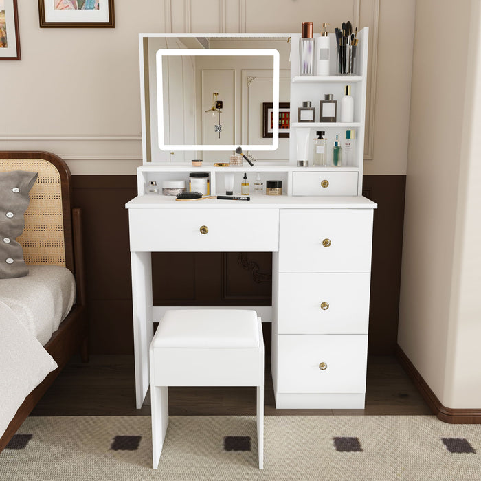 Vanity Desk With Mirror, 3 Color Lighting And Stool Home Essentials