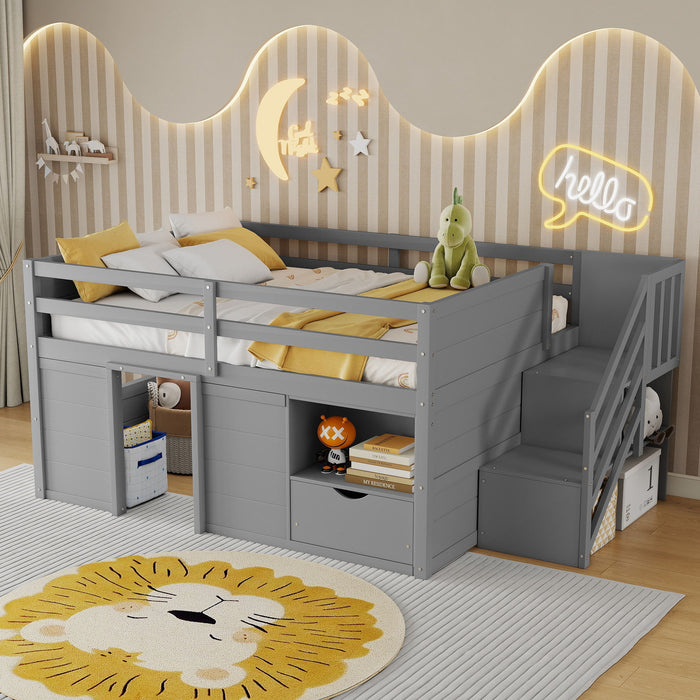 Low Loft Bed Frame With Built In Stairs, Storage Drawer, Shelf And 7 Color LED Light Home Essentials
