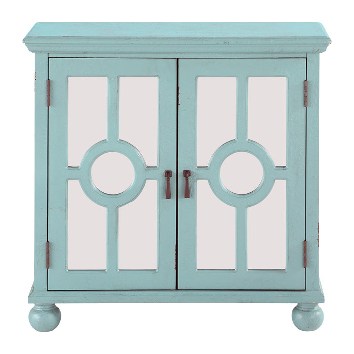 Classic Storage Cabinet 1 Piece Modern Traditional Accent Chest With Mirror Doors Antique Aqua Finish Pendant Pulls Wooden Furniture Living Room Bedroom