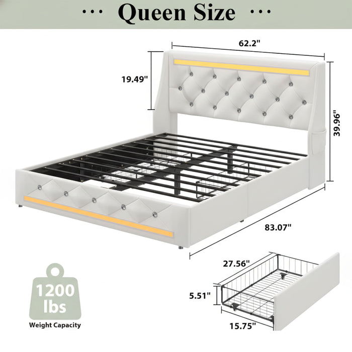 Wingback Upholstered Bed Frame With LED Lights, Charging Station Home Essentials