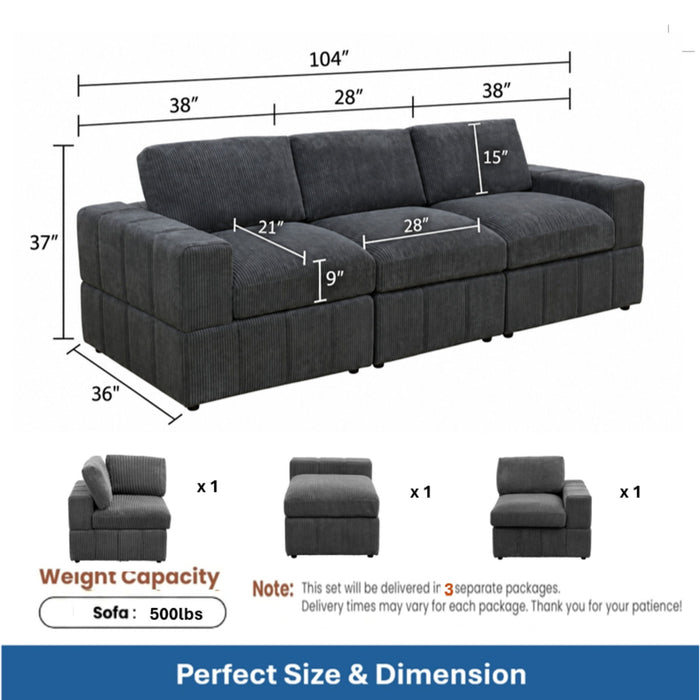 Oversized Modular Sectional Sofa 3 Piece Set For Living Room - Dark Gray Home Essentials