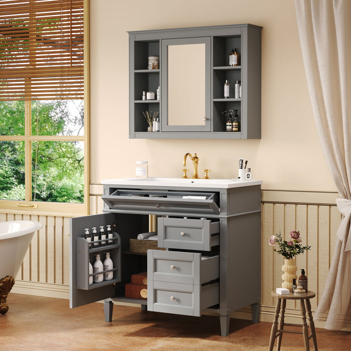 Bathroom Vanity With Top Sink, Storage Cabinet With Mirror, 2 Doors, 3 Drawers, 6 Open Shelves