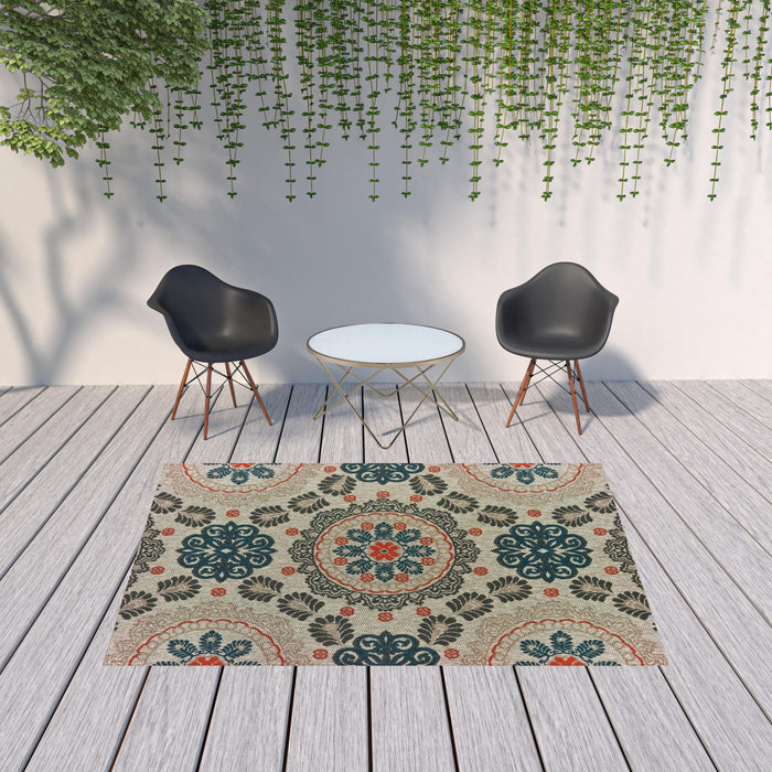 7' X 9' Damask Indoor / Outdoor Area Rug - Blue / Gray