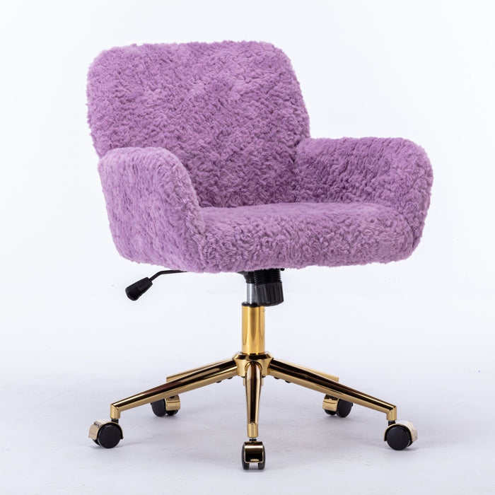 A&A Furniture Office Chair, Artificial Rabbit Hair Home Office Chair With Golden Metal Base, Adjustable Desk Chair Swivel Office Chair, Vanity Chair (Violet)