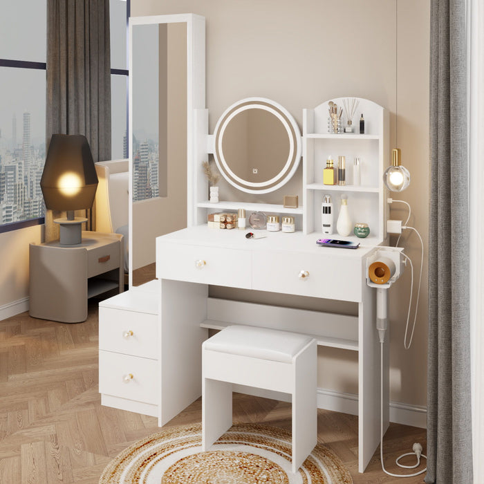 Full Body Mirror Cabinet / Round Mirror LED Vanity Table / Cushioned Stool, With 2 Ac / 2 USB Power Station, 17" Diameter LED Mirror, Touch Control, 3 Color, Brightness Adjustable, Large Desktop