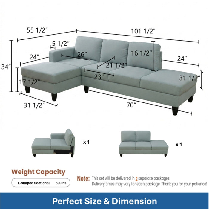 L - Shaped Sectional Sofa With Left Chaise & Ottoman - Pale Green Home Essentials
