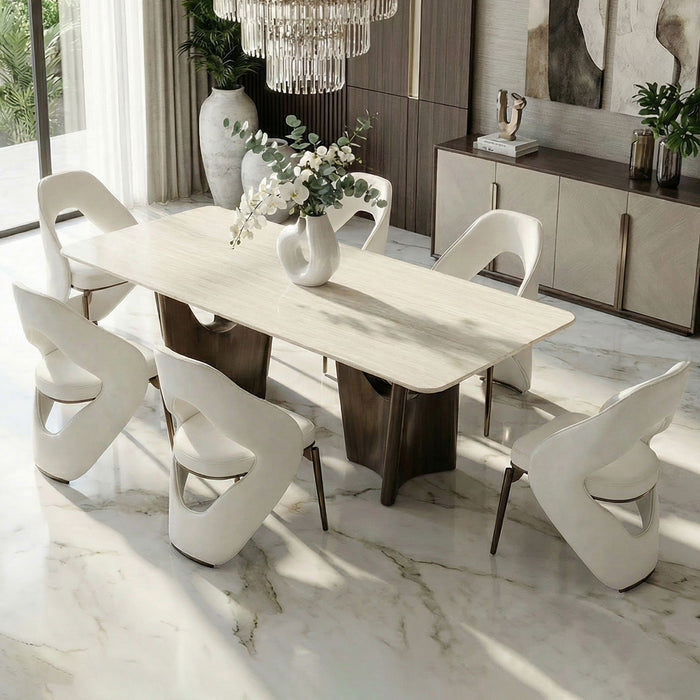 Dining Table Set With Upholstery - Ancient White / Antique Bronze / Beige Home Essentials