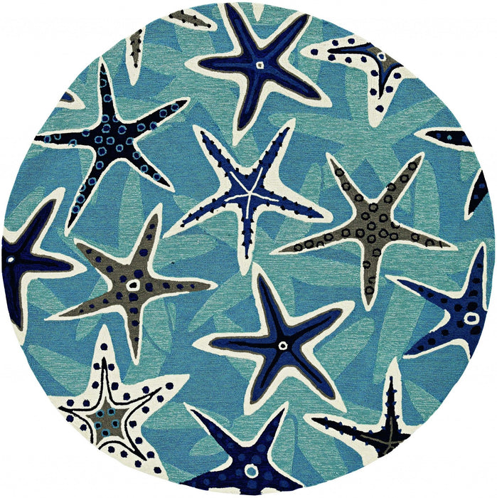 8' Hand Woven UV Treated Coastal Starfish Round Indoor / Outdoor Area Rug - Blue