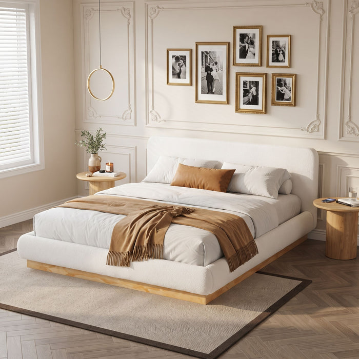 Queen Size Upholstered Platform Bed Frame, No Box Spring Required - Natural / White Noble House