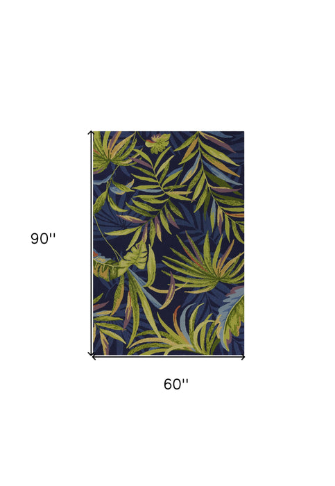 5' X 7' Tropical Leaves UV Treated Indoor / Outdoor Area Rug - Ink Blue