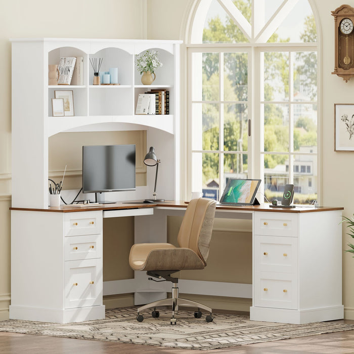 Space Saving L-Shaped Computer Desk With Keyboard Tray & Charging Stations Hearth and Haven