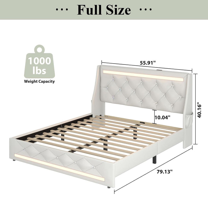 Wingback Upholstered Bed Frame With LED Lights, Charging Station Home Essentials