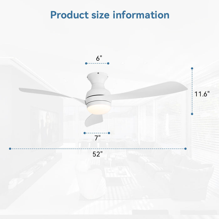 52" Low Profile Ceiling Fan With Lights, Quiet Reversible DC Motor, Dimmable LED, 3 Blades - White Daily Nest