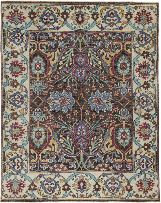 Floral Hand Knotted Distressed Stain Resistant Area Rug With Fringe - Ivory Brown And Blue Wool - 4' X 6'