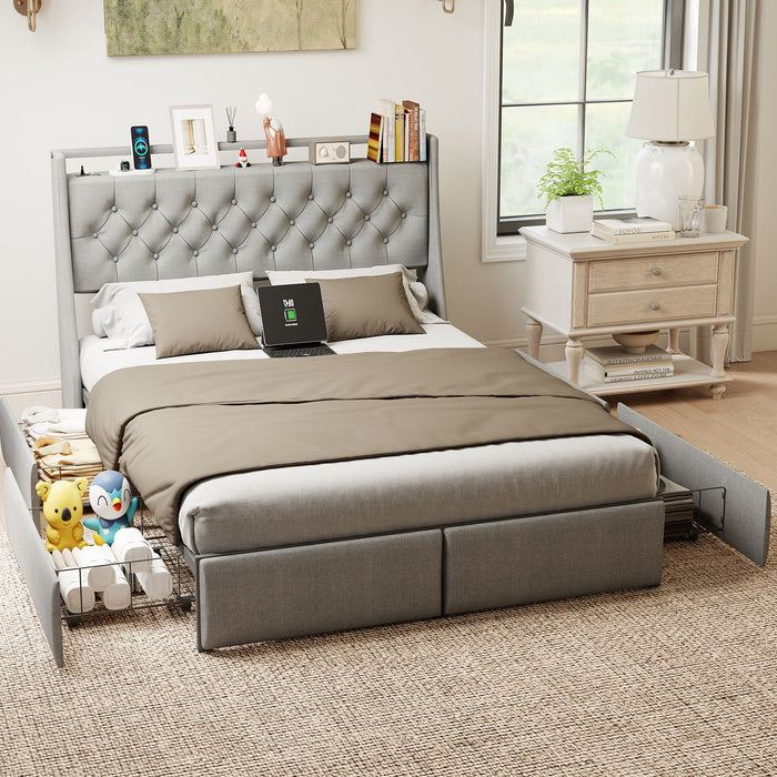 Platform Bed Frame With RGB LED Lights, Charging Station, Storage Headboard & 4 Underbed Drawers Home Essentials
