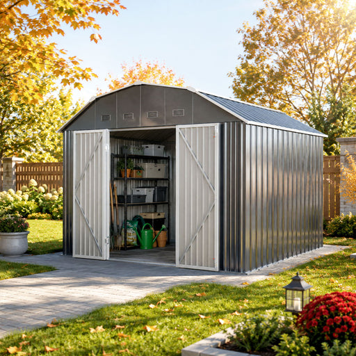 10 Ft X 12 Ft Outdoor Metal Storage Shed With Arch Roof With Lockable Doors For Backyard Garden Patio Lawn - Black Daily Nest