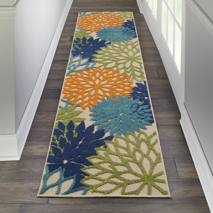 12' Runner Floral Indoor / Outdoor Runner Rug - Ivory / Blue