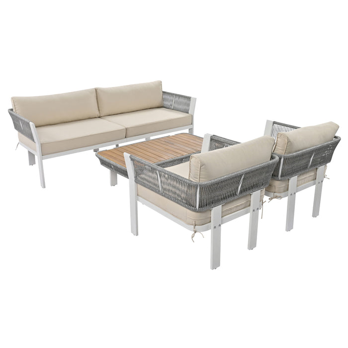 Trexm 4 Piece Outdoor Patio Conversation Set With Coffee Table And Soft Waterproof Cushions For Garden, Poolside And Backyard (Gray Rope / Beige Cushion)