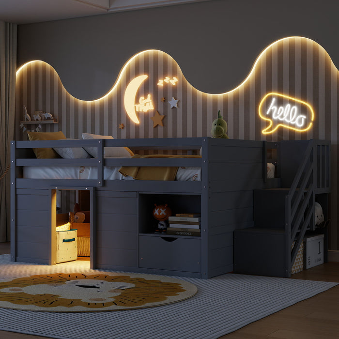 Low Loft Bed Frame With Built In Stairs, Storage Drawer, Shelf And 7 Color LED Light Home Essentials