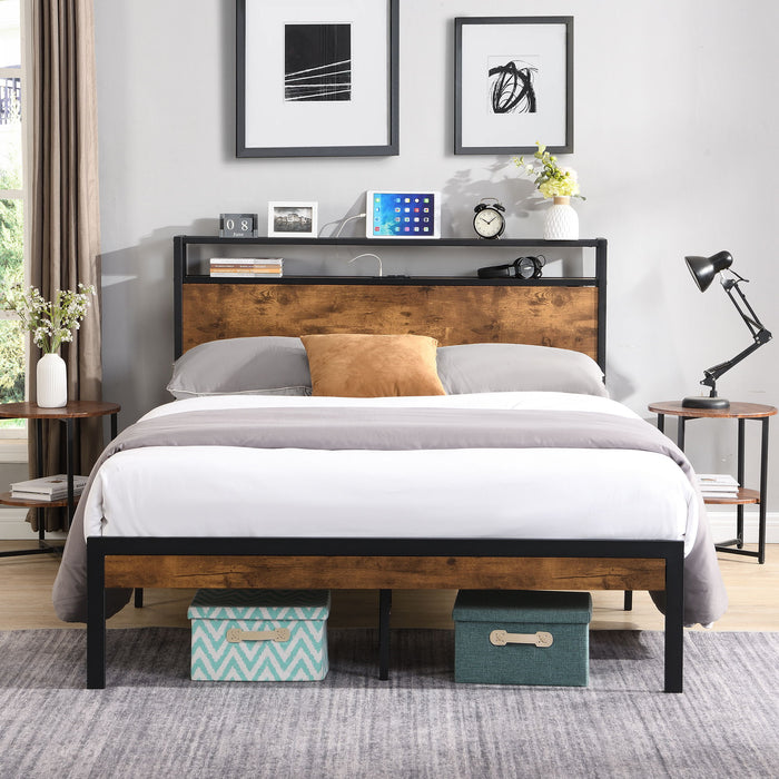 King Size Metal Platform Bed Frame With Wooden Headboard And Footboard With USB Liner, No Box Spring Needed, Large Under Bed Storage - Brown