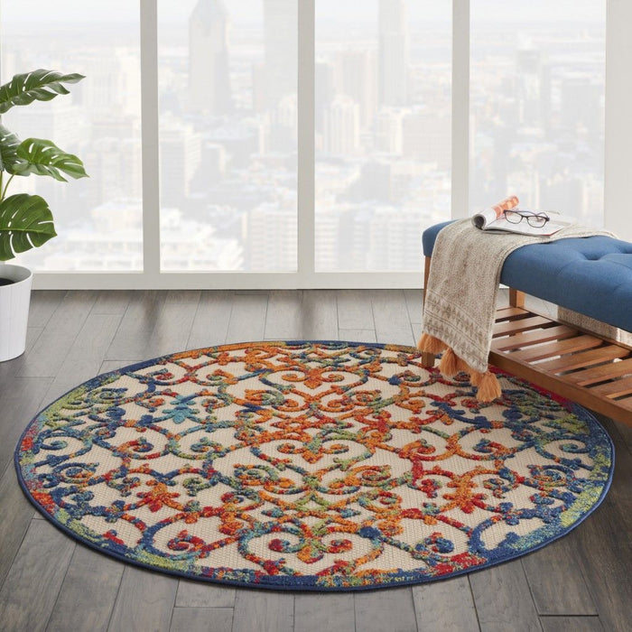 5' Round Round Floral Area Rug Indoor / Outdoor - Blue / Ivory