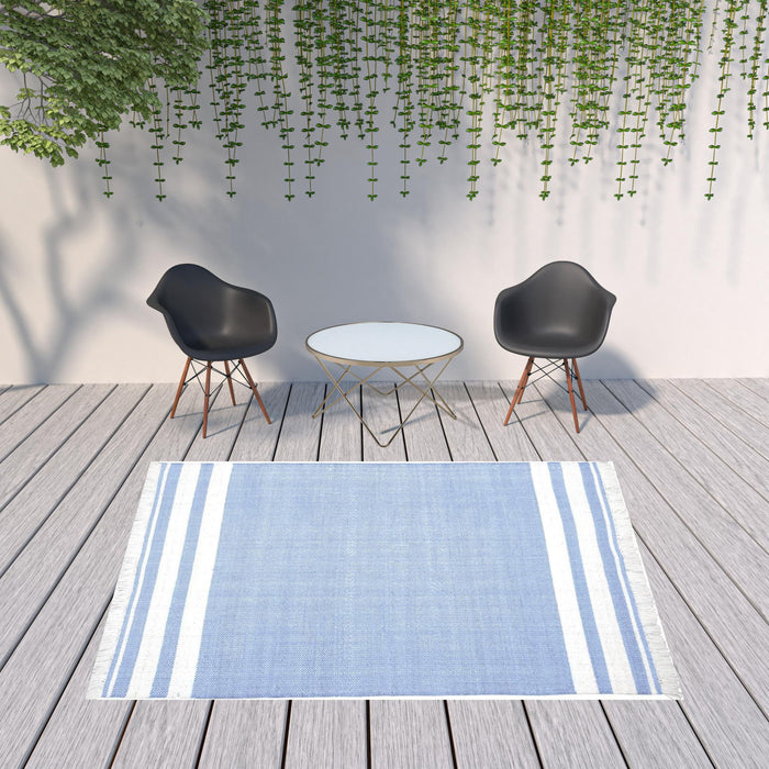 8' X 10' Striped Handmade Stain Resistant Non Skid Indoor / Outdoor Area Rug - Blue