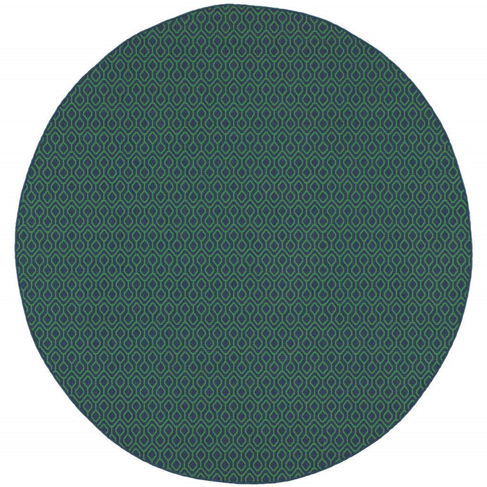 8' X 8' Round Geometric Stain Resistant Indoor & Outdoor Area Rug - Green / Blue