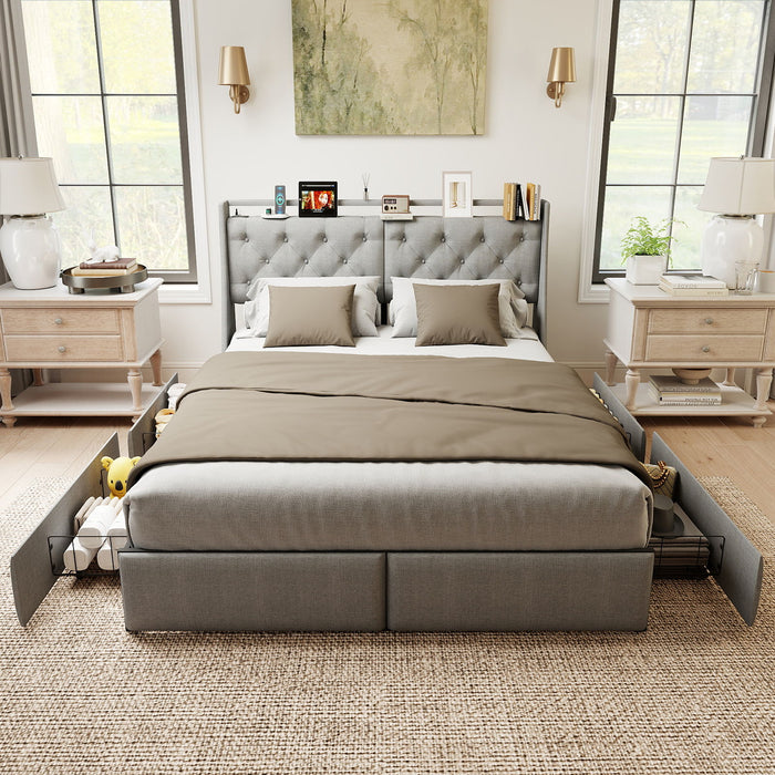 Platform Bed Frame With RGB LED Lights, Charging Station, Storage Headboard & 4 Underbed Drawers Home Essentials