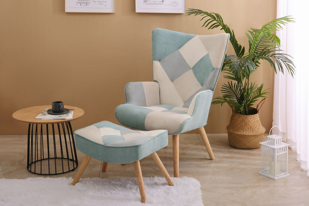 Accent Chair With Ottoman, Living Room Chair And Ottoman Set, Comfy Side Armchair For Bedroom, Creative Splicing Cloth Surface - Blue