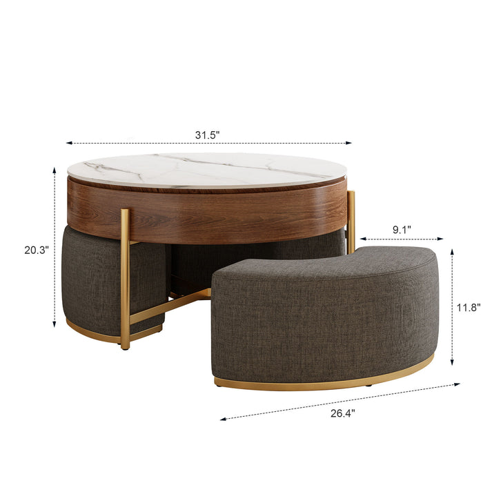 Lift Top Round Coffee Table With Hidden Storage, 3 Upholstered Nesting Ottomans - Brown / Gray / Golden / White Home Essentials