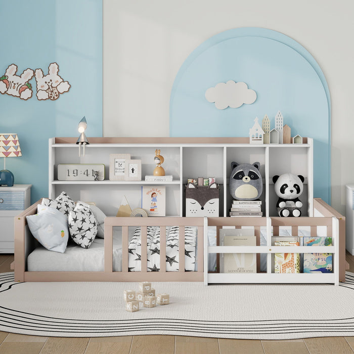 Platform Bed Frame With Guardrail, Storage Shelves & Bookshelf Home Essentials