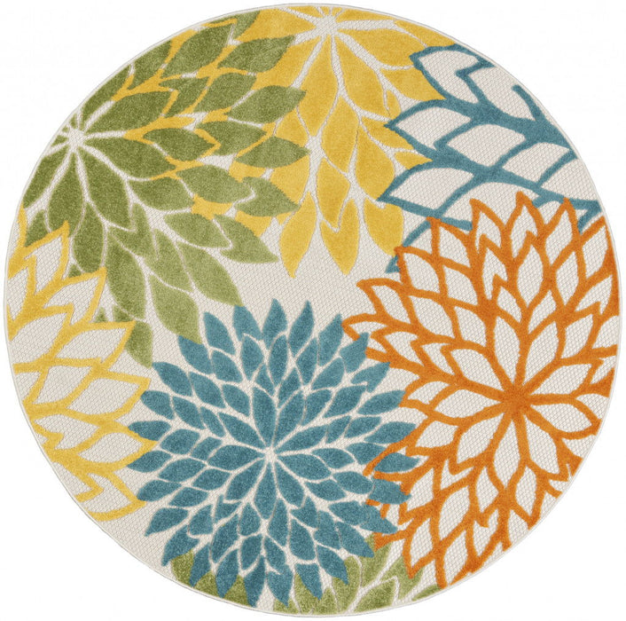 4' X 4' Round Floral Non Skid Indoor / Outdoor Area Rug - Turquoise