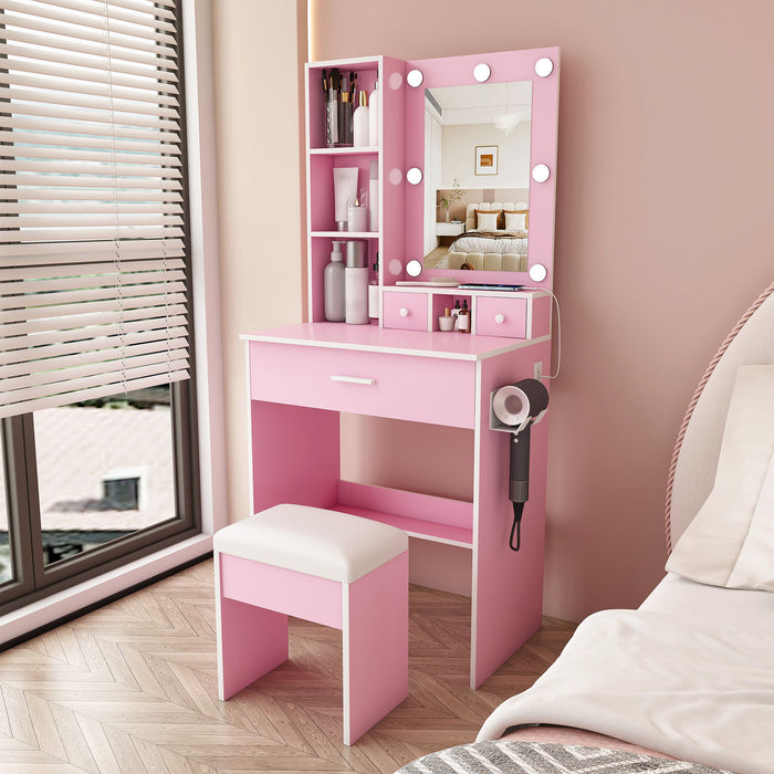 Vanity Table With Mirror, Adjustable LED Lights, Power Outlet, Hairdryer Holder & Stool Home Essentials