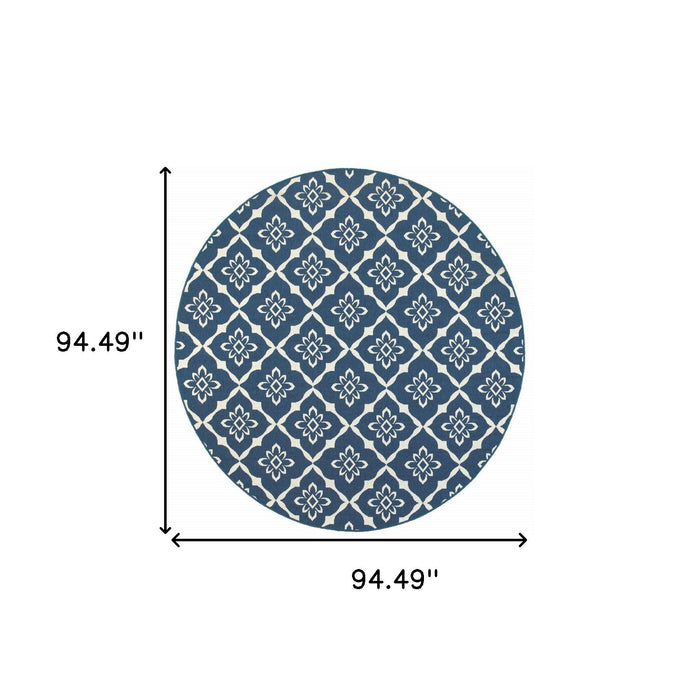 8' X 8' Round Floral Stain Resistant Indoor & Outdoor Area Rug - Blue / Ivory