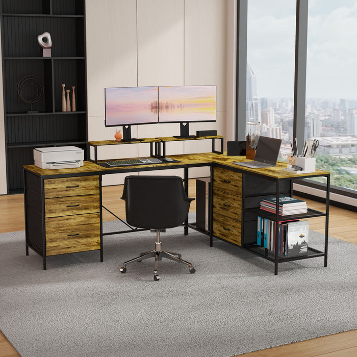 Industrial L Shaped Desk With Power Hub With 6 Drawers And Adjustable Monitor Stands - Brown Home Essentials