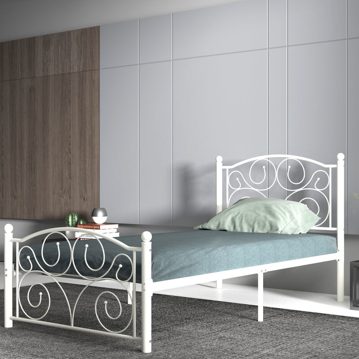 Twin Unique Flower Sturdy System Metal Bed Frame With Headboard And Footboard - White