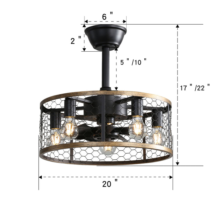 20" Industrial Cage Ceiling Fan With Remote Control, 7 Blades, DC Motor, 1H / 4H / 8H Timer - Black Daily Nest