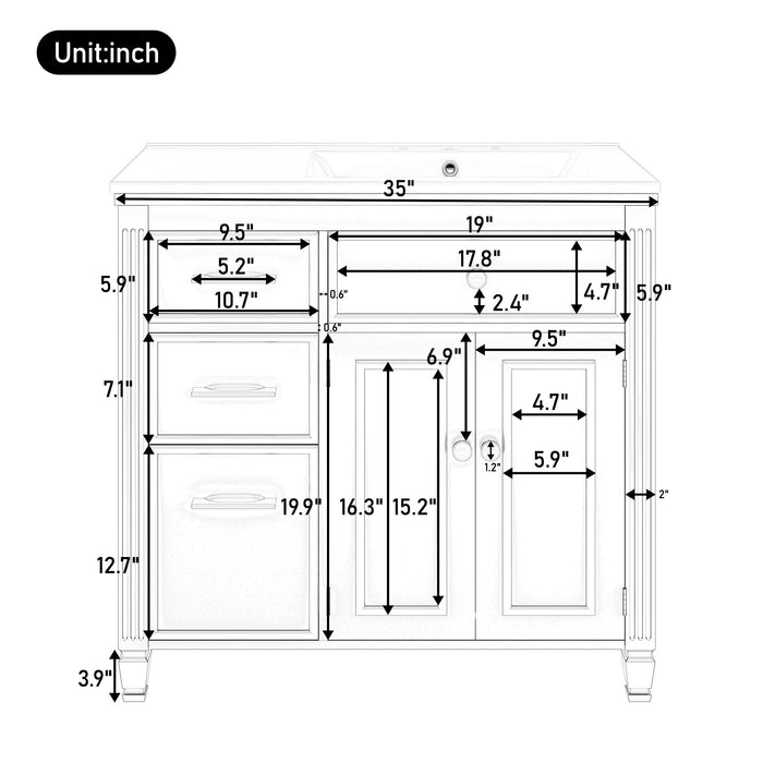 Modern Bathroom Vanity With Ceramic Sink, Freestanding, One Tip Out Drawer, 3 Side Drawers, Adjustable Shelf Noble House